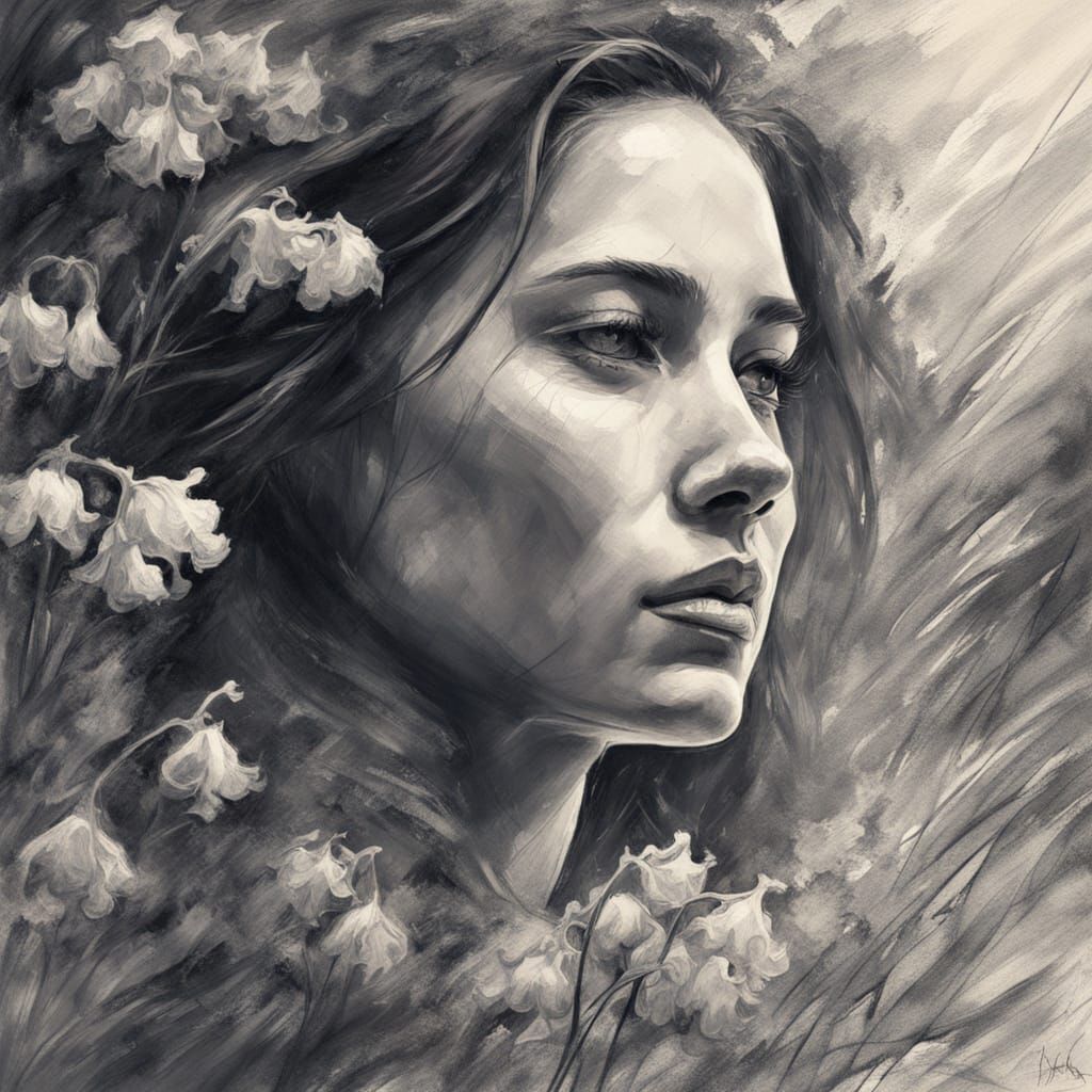 Woman Collects Muguet in a Vibrant Forest, Charcoal Drawing ...