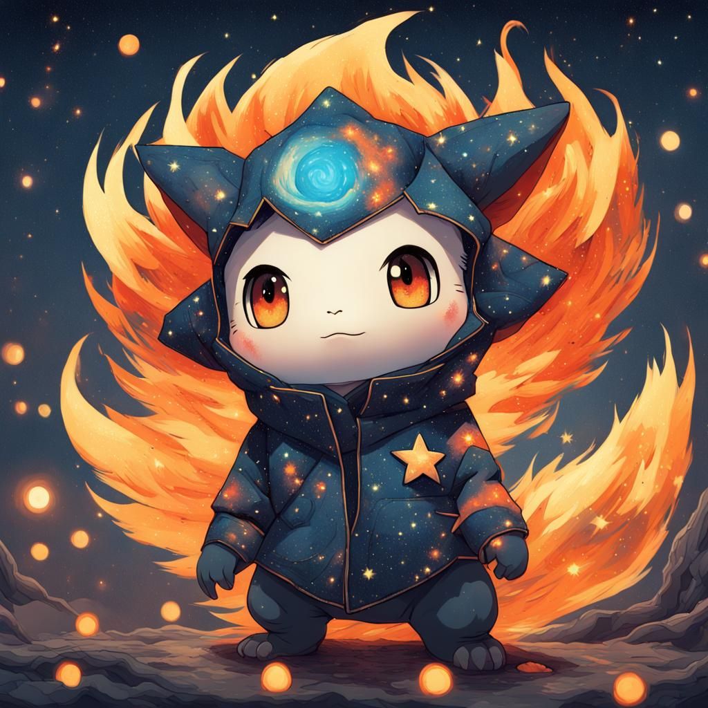 Chibi Fire Pokemon in Starry Night, Fantasy Illustration