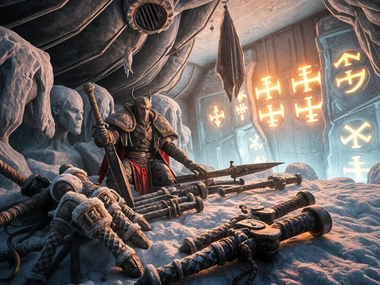 Fantasy Warlord's Frozen Lair With Glowing Runes