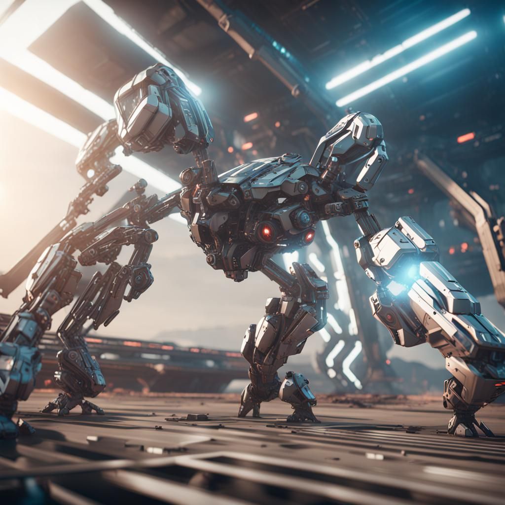 Futuristic Battle Mech in Polished Metal