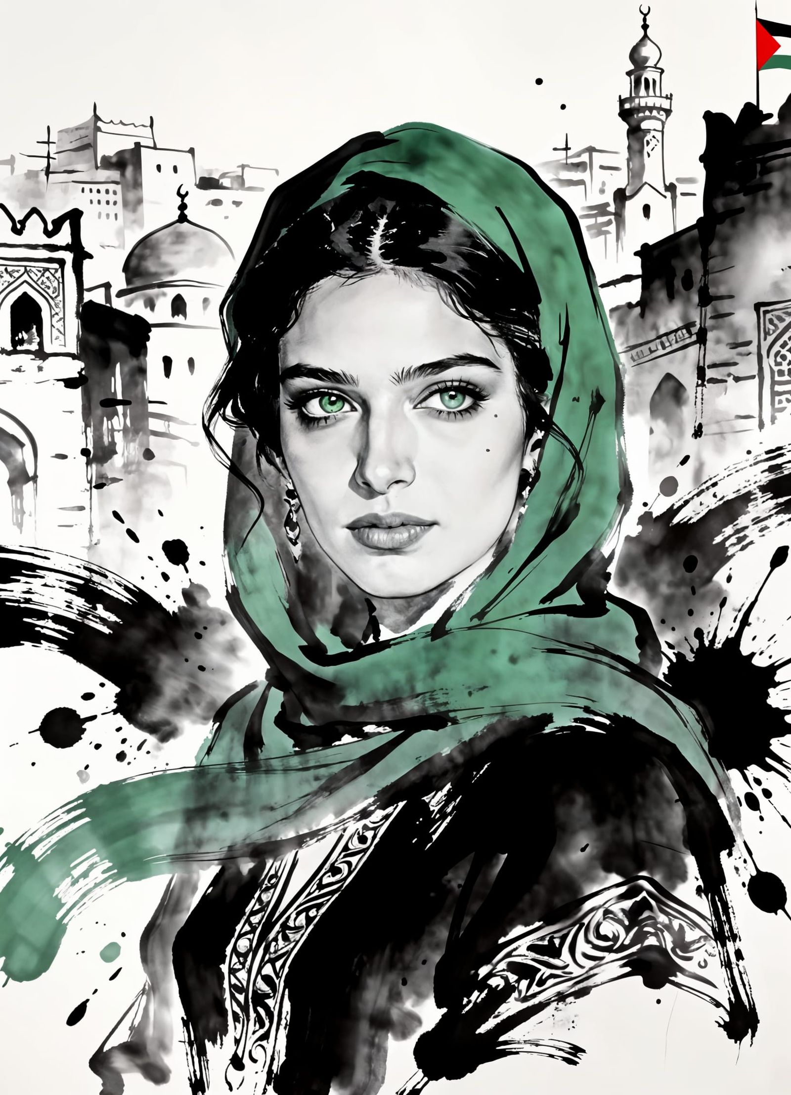 Palestinian Woman Portrait in Expressive Ink Drawing Style