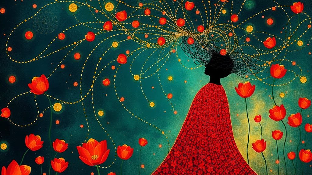 Man in Red & Tulips: Whimsical Spirit with Kusama Dots