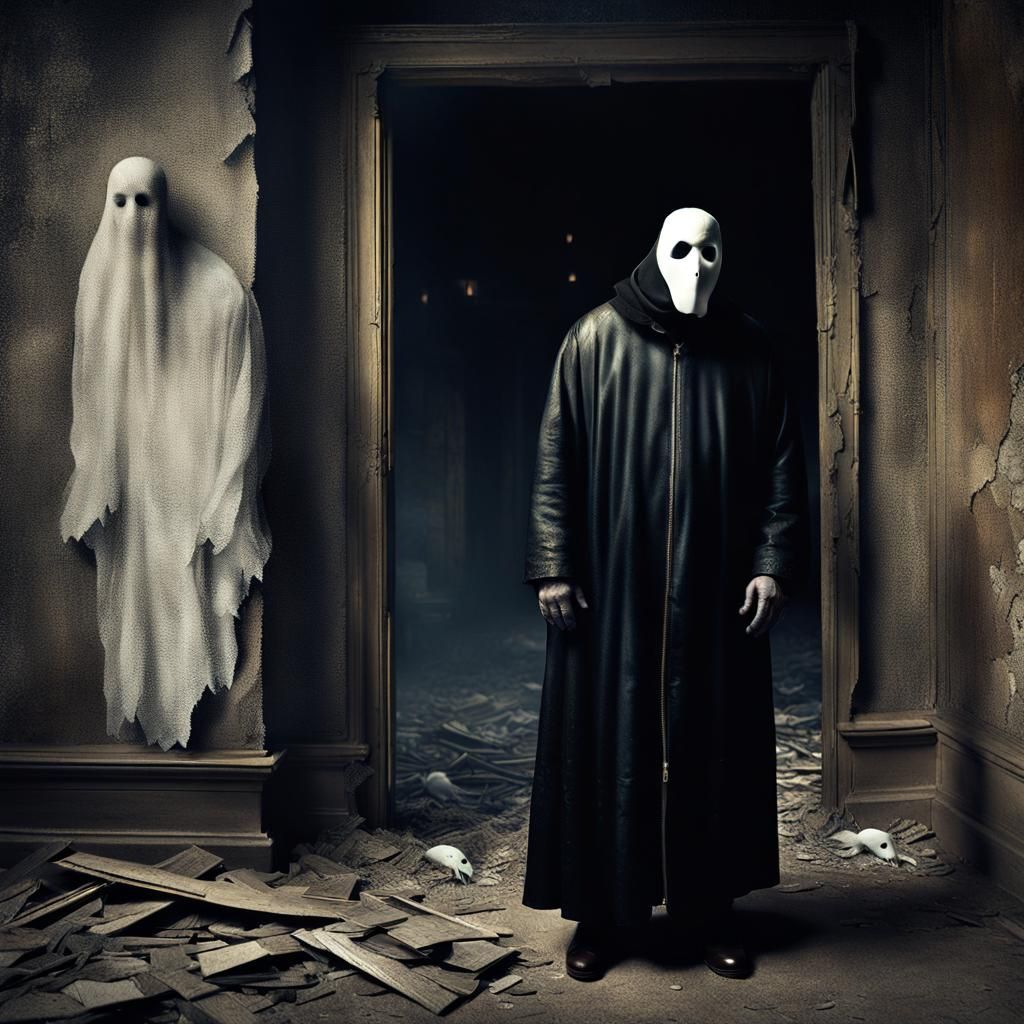 Vintage Photo: Masked Man Watching Ghost Haunt Building