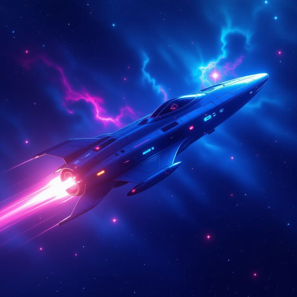 Spacecraft Soaring Through a Neon Galaxy
