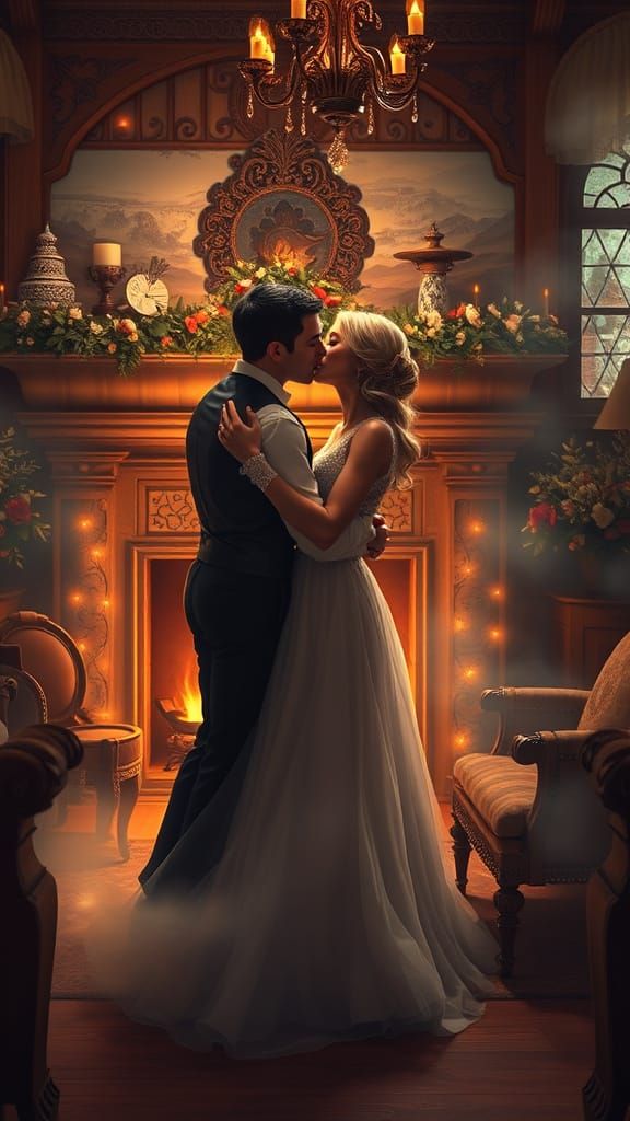 Romantic Couple Dancing in Cozy Fireplace Setting