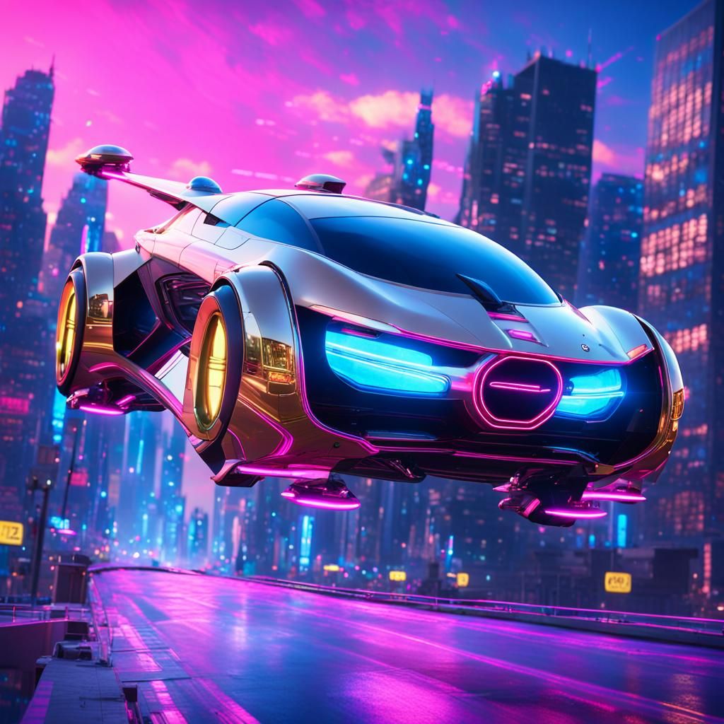 Sleek Gold Flying Car Over City in Sci-Fi Style