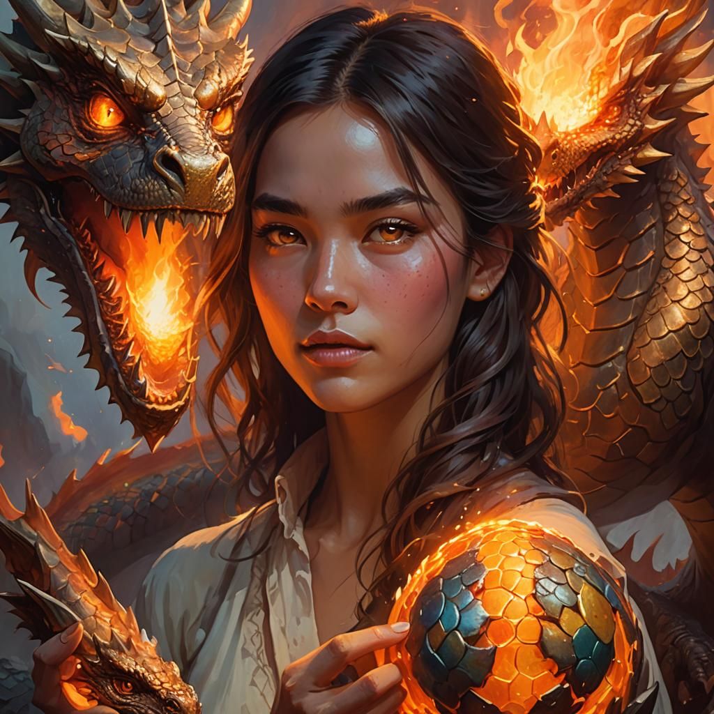 Girl with Dragon Egg in Oil Painting Style