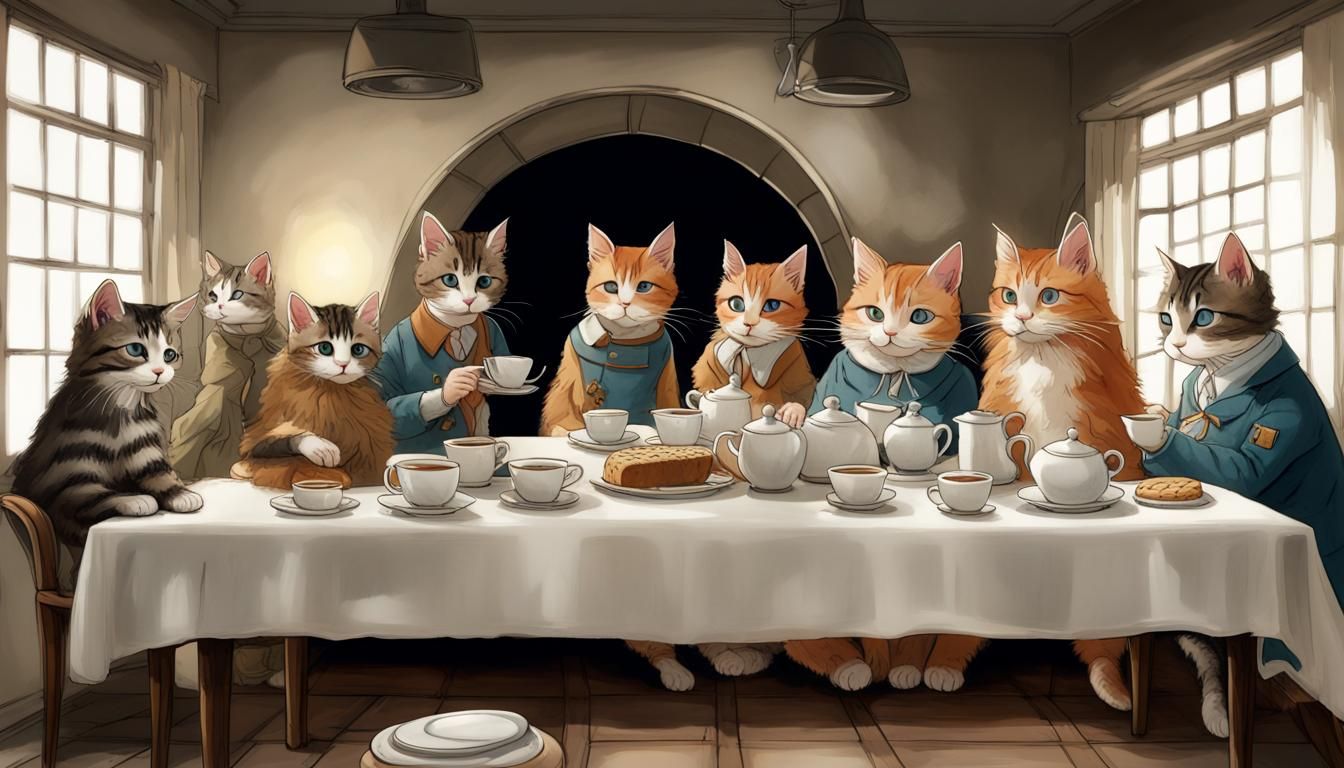 Fantastical Cat's Ten O'Clock Tea, Detailed Matte Painting
