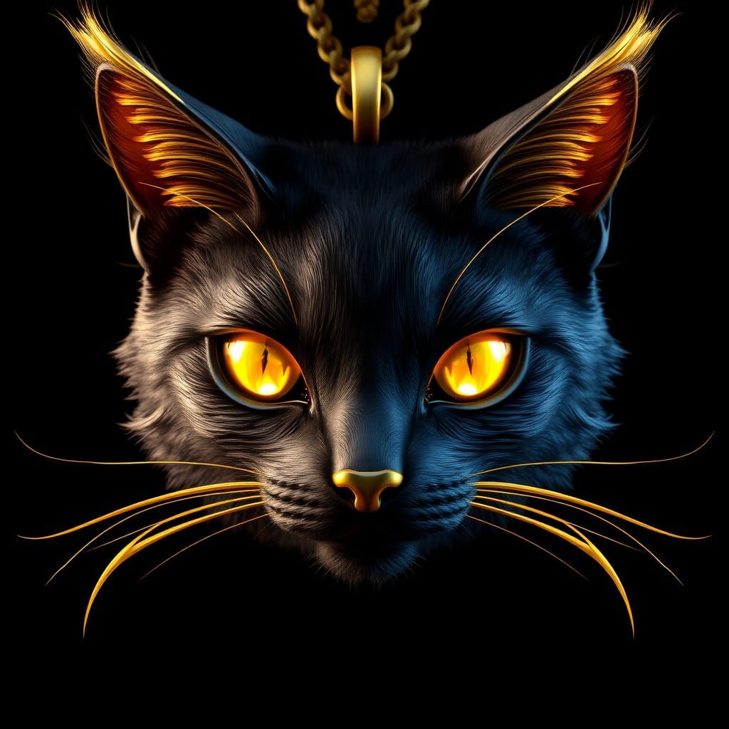 Majestic Black Cat Head Pendant in Shimmering Gold with Imit...