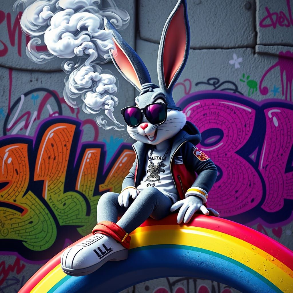 Bugs Bunny Smokes Cannabis on a Rainbow in Hyperrealist Graf...