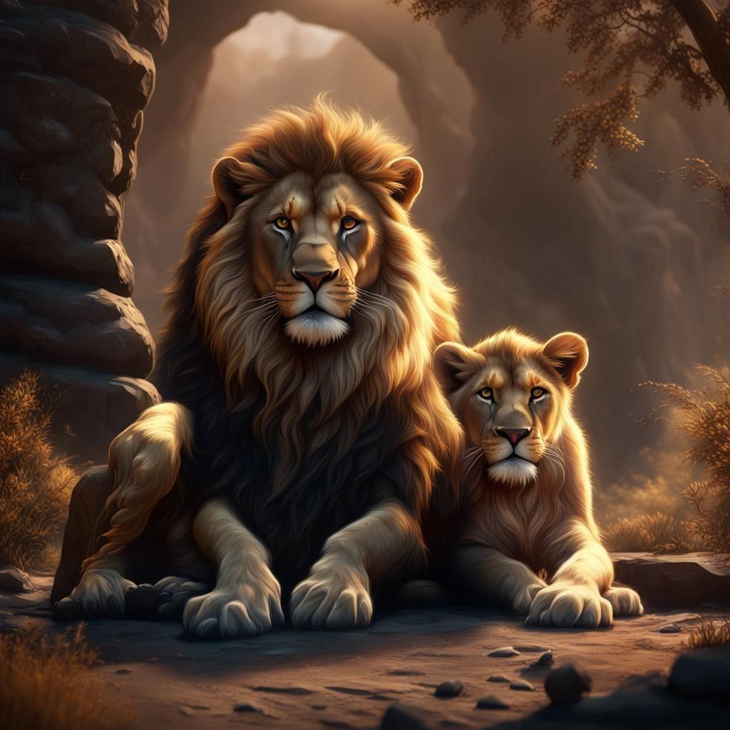 Majestic Lion and Cub in Detailed Matte Painting