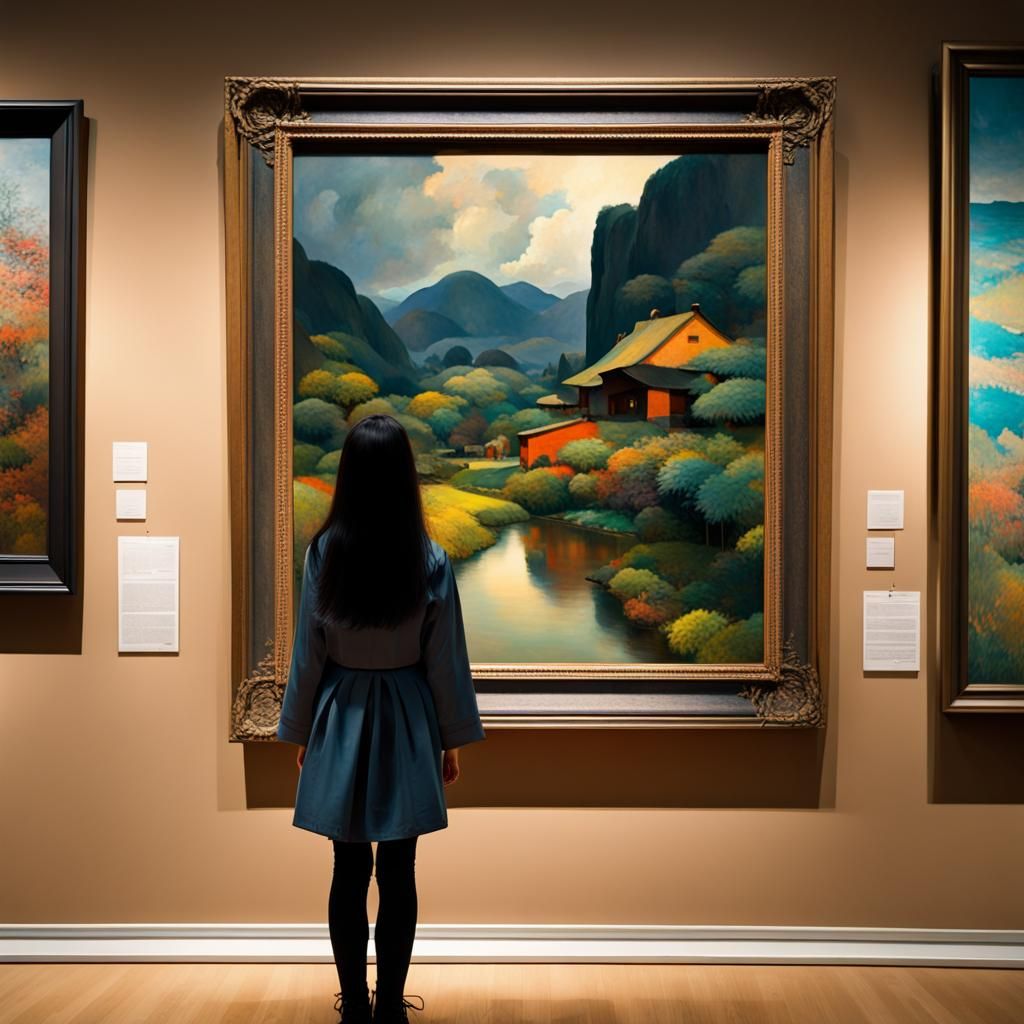 Japanese Woman Observes Gauguin-esque Painting in Osaka