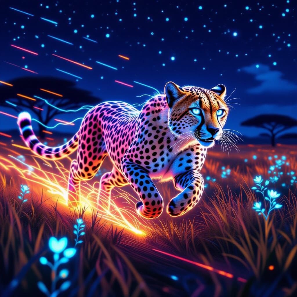 Neon Cheetah with Galaxy Eyes on Glowing Savanna