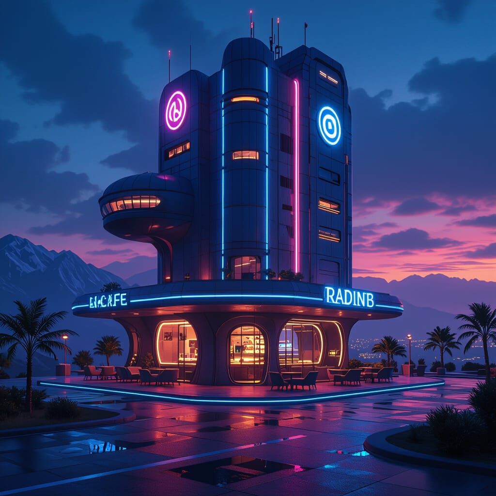 Futuristic Hotel with Neon Accents, Matte Painting