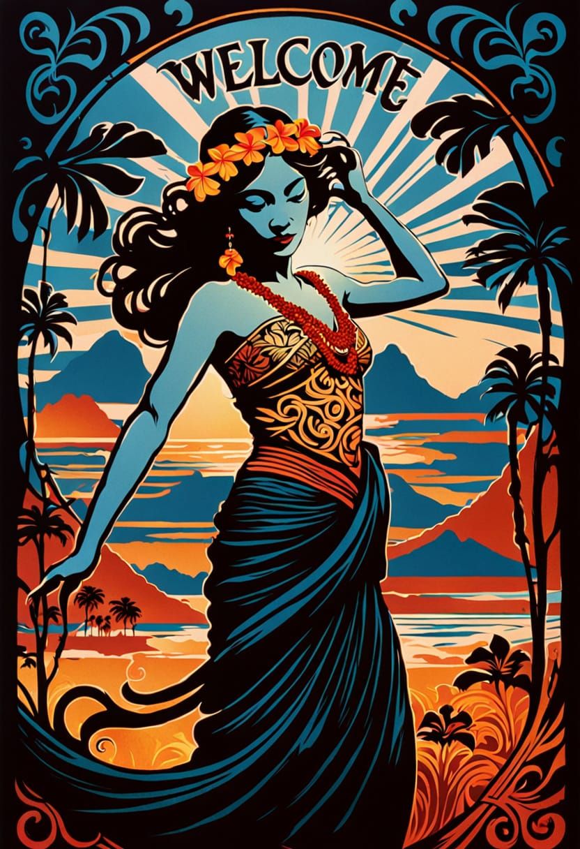 Art Nouveau Hula Dancer in Amber Sunset Silkscreen
