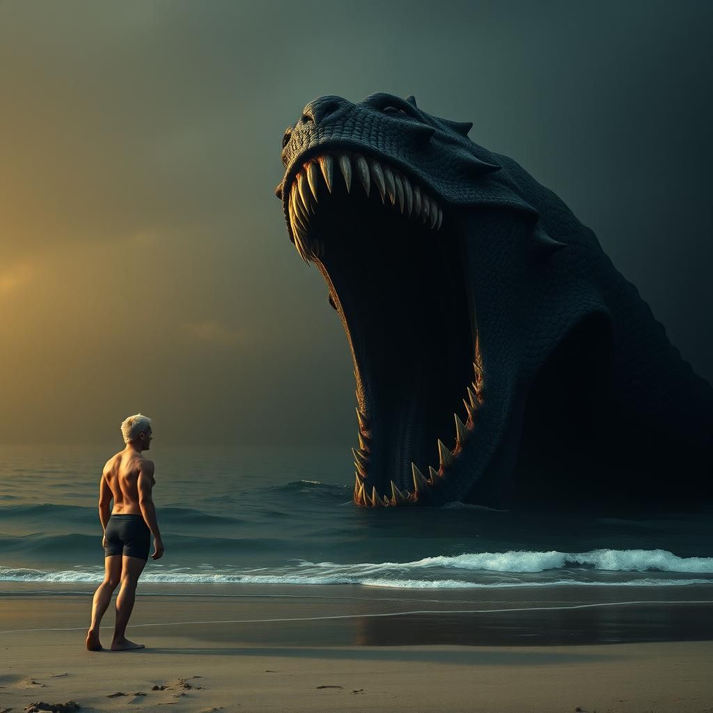 Terrifying Sea Monster Confrontation on Sandy Beach