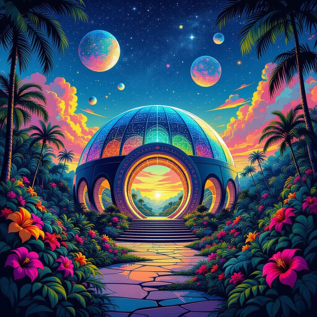 Alien Temple Portal Amidst Psychedelic Jungle