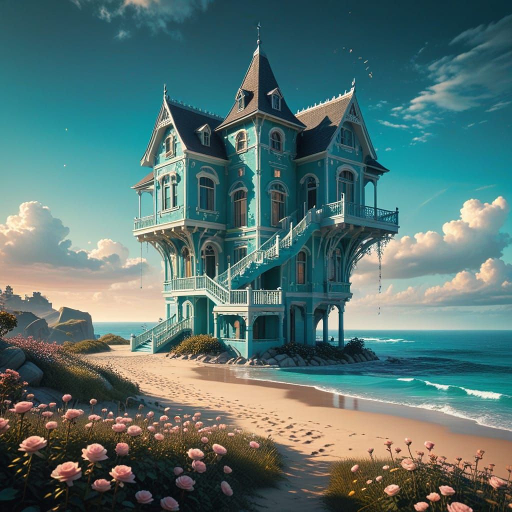 Elegant Victorian Mansion with Turquoise Facade and Interdim...