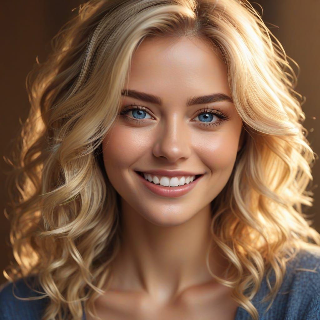 Glamour Portrait of Smiling Blonde Model with Blue Eyes
