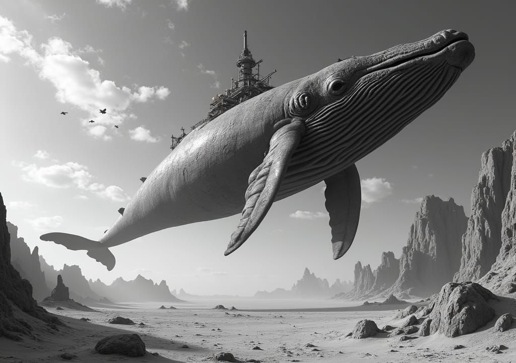 Whale Soaring Over Desert in Steampunk Style