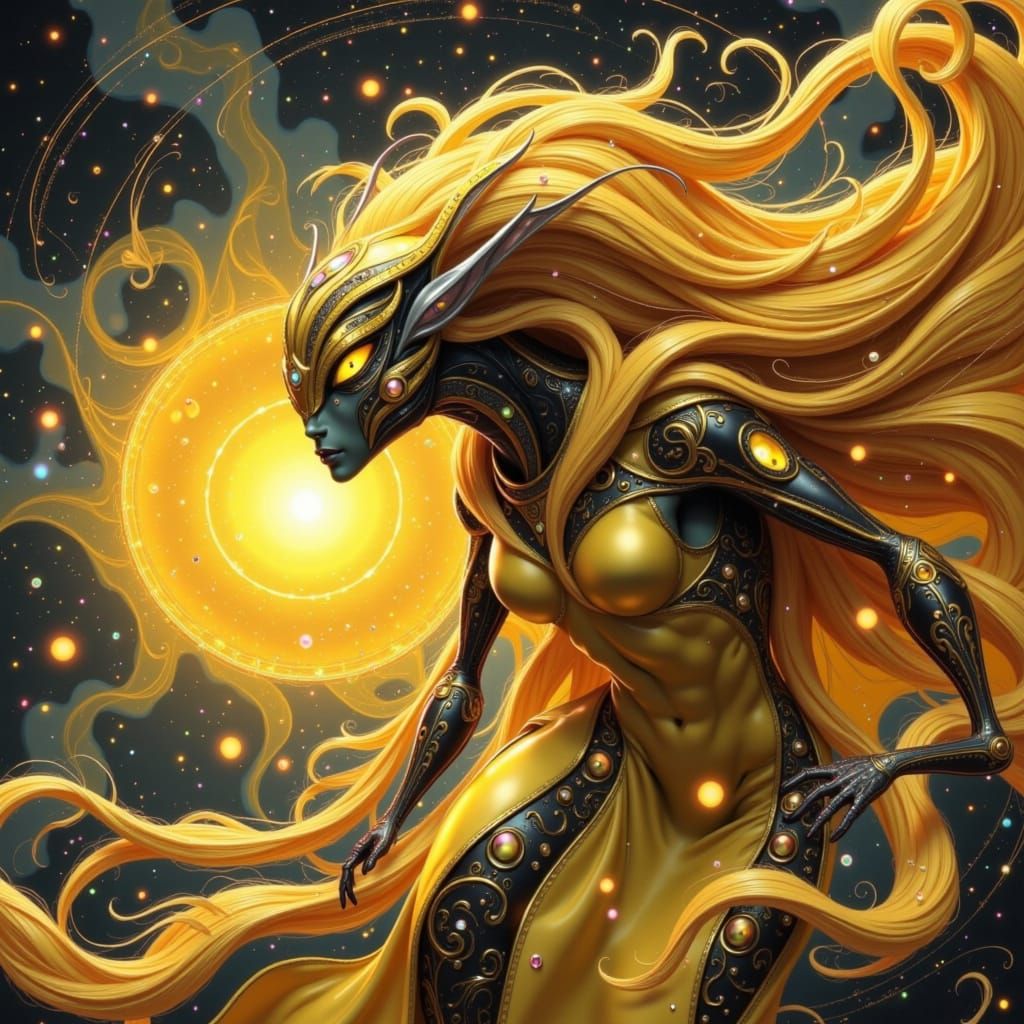Metallic-Gold Alien with Supernova Background