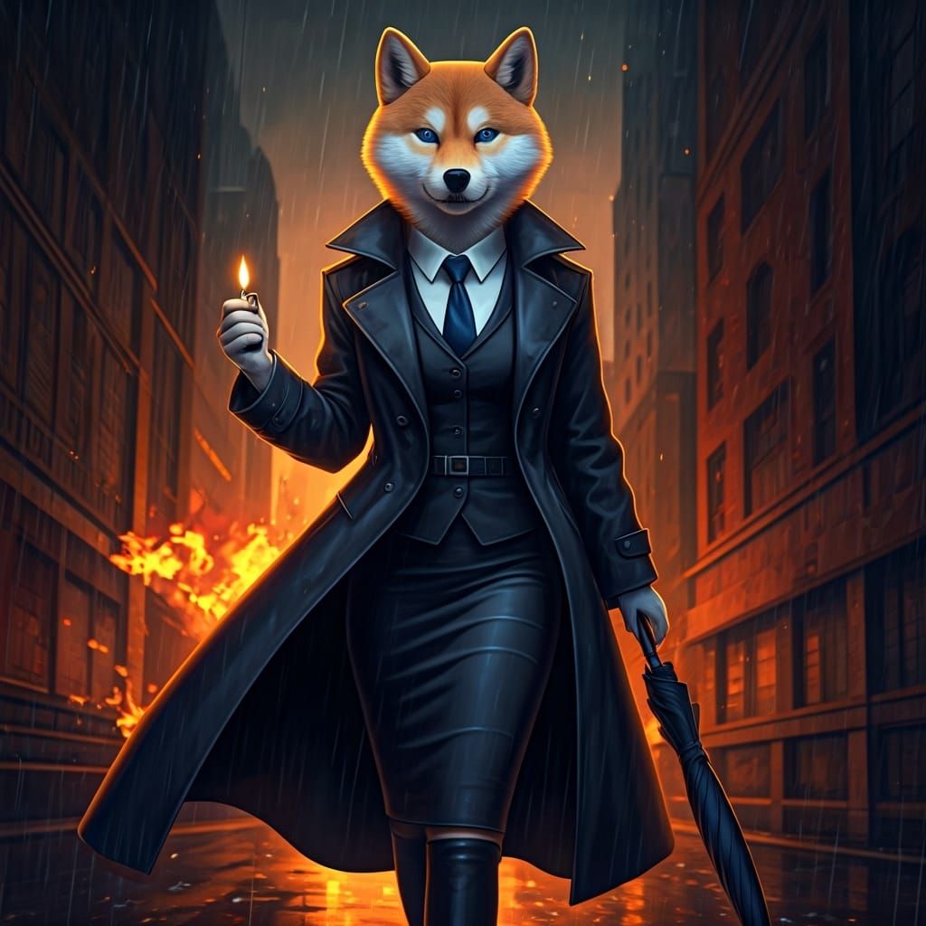 Anthro Shiba Inu Spy in Burning City Alley