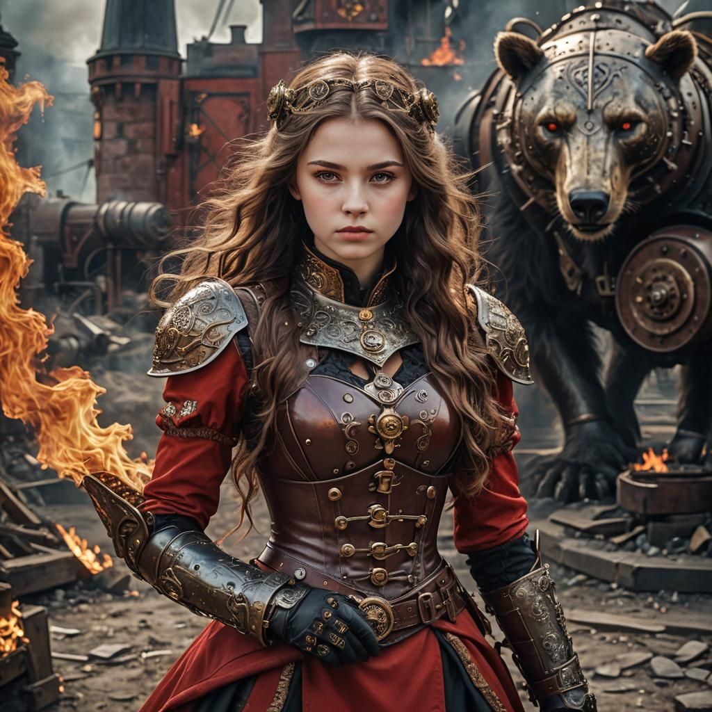 Steampunk Russian Woman in Red Armor