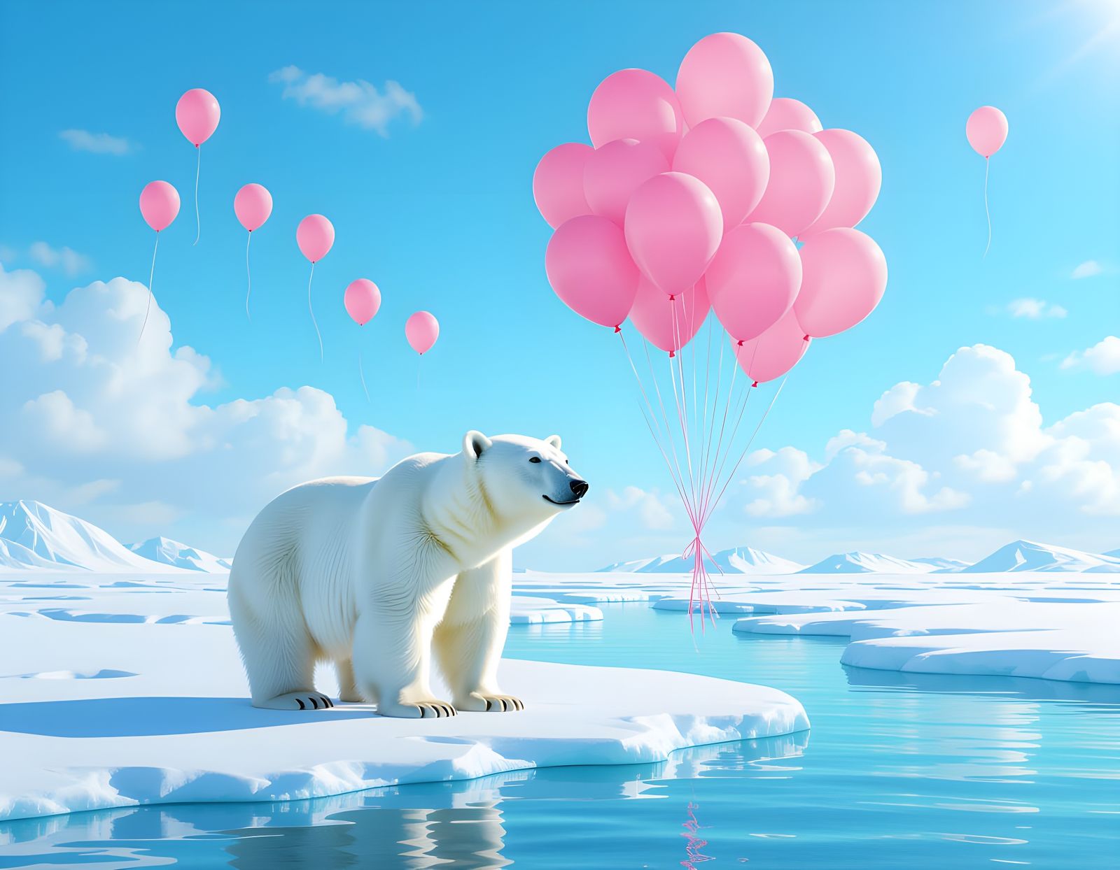 Polar Bear and Pink Balloons in Dreamcore Style