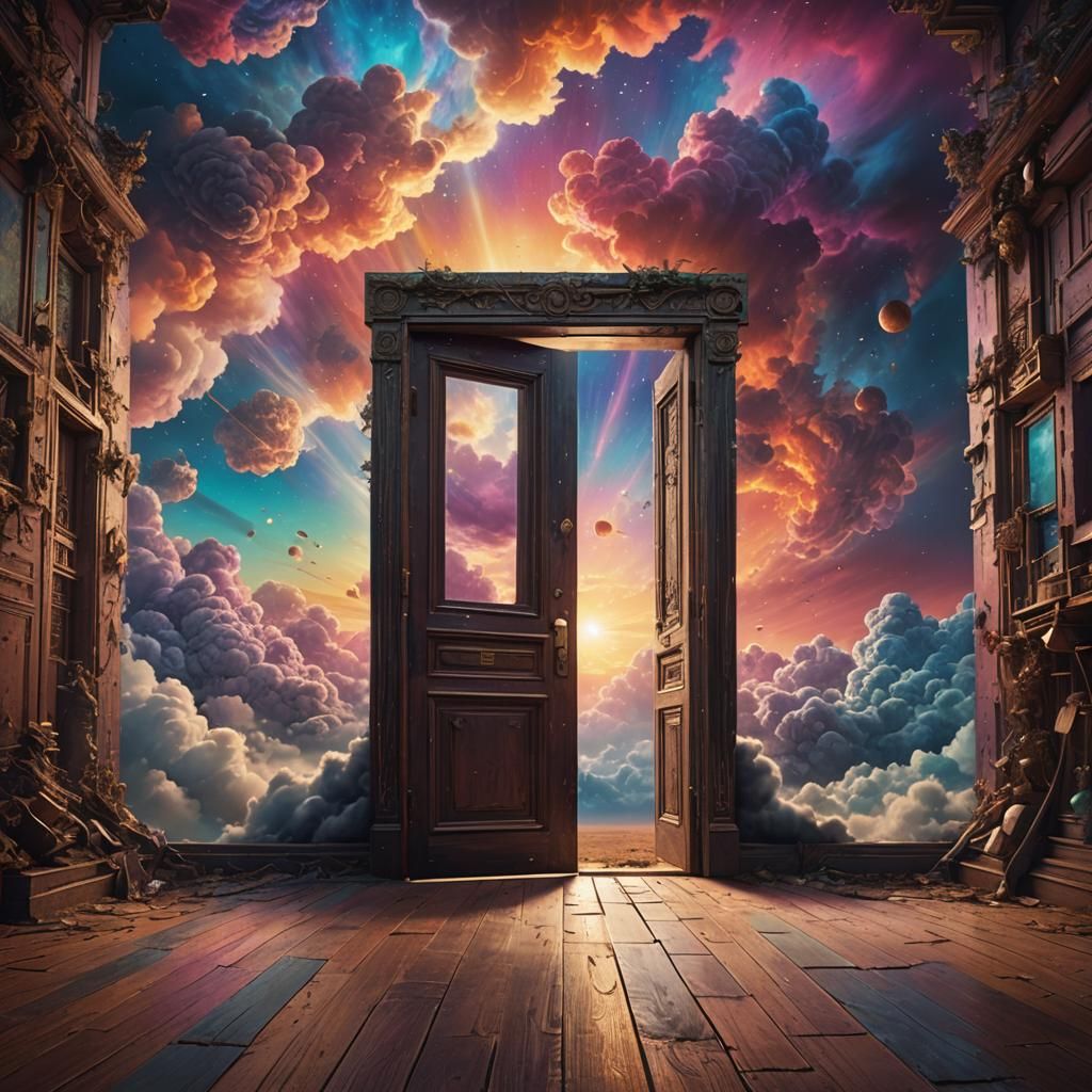 Psychedelic Sky Through Door in Abstract Room