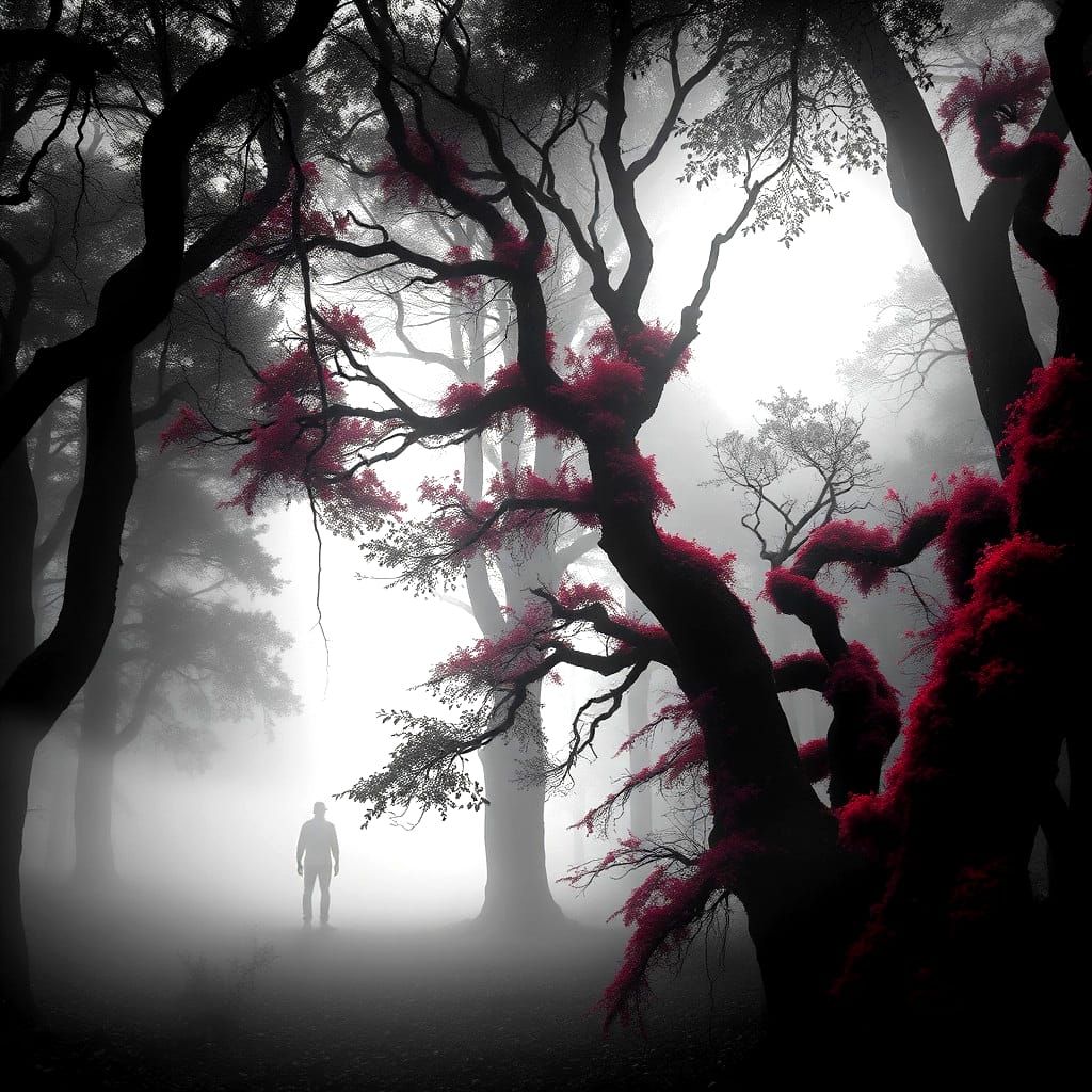 Eerie Black and White Forest with Red Moss