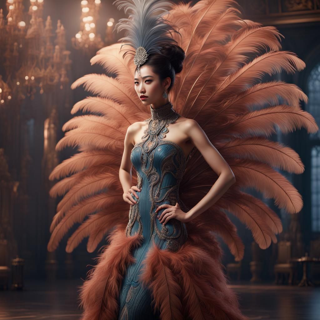 Asian Woman in Ostrich Feather Dress, Detailed Matte Paintin...