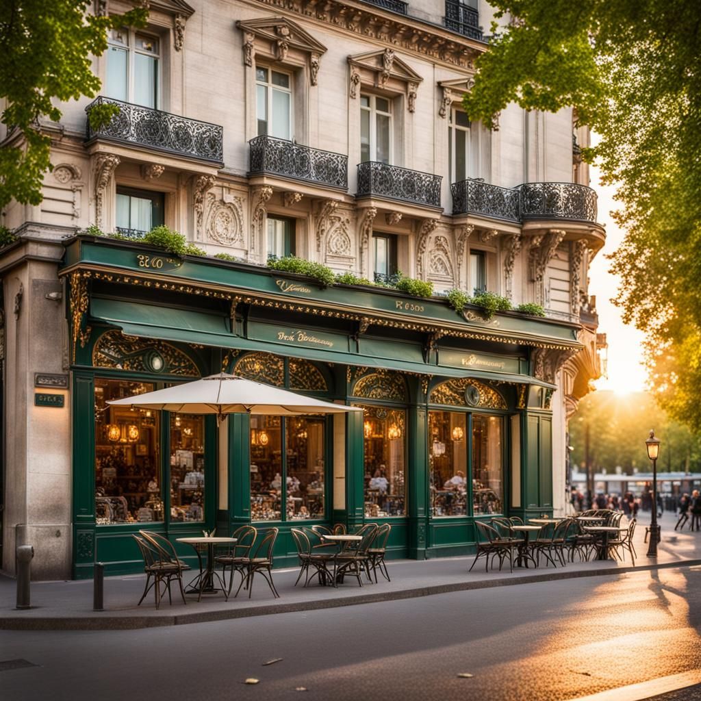 Parisian Cafe Exterior at Sunset, Art Nouveau Style