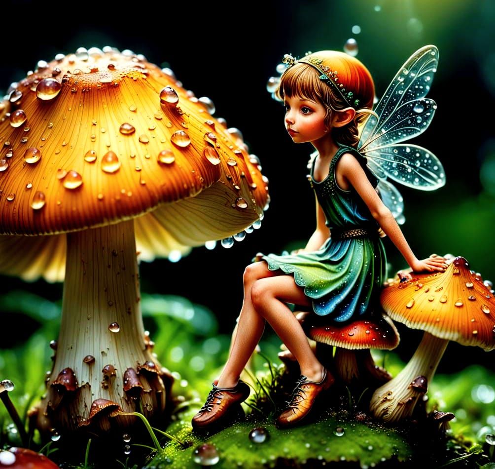 Hyperrealistic Fairy on Mushroom Macro Photograph