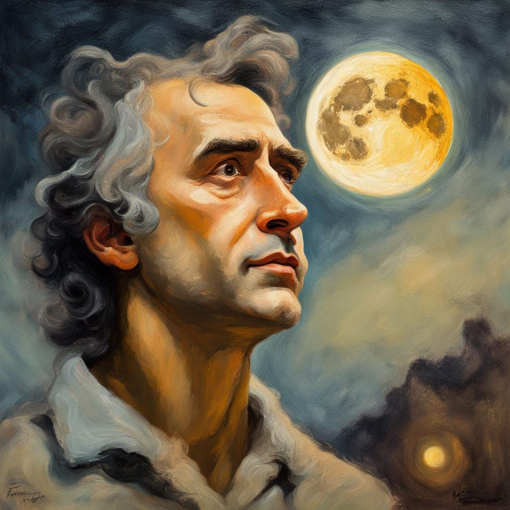 Man Gazing at Moon: Surreal Oil Painting