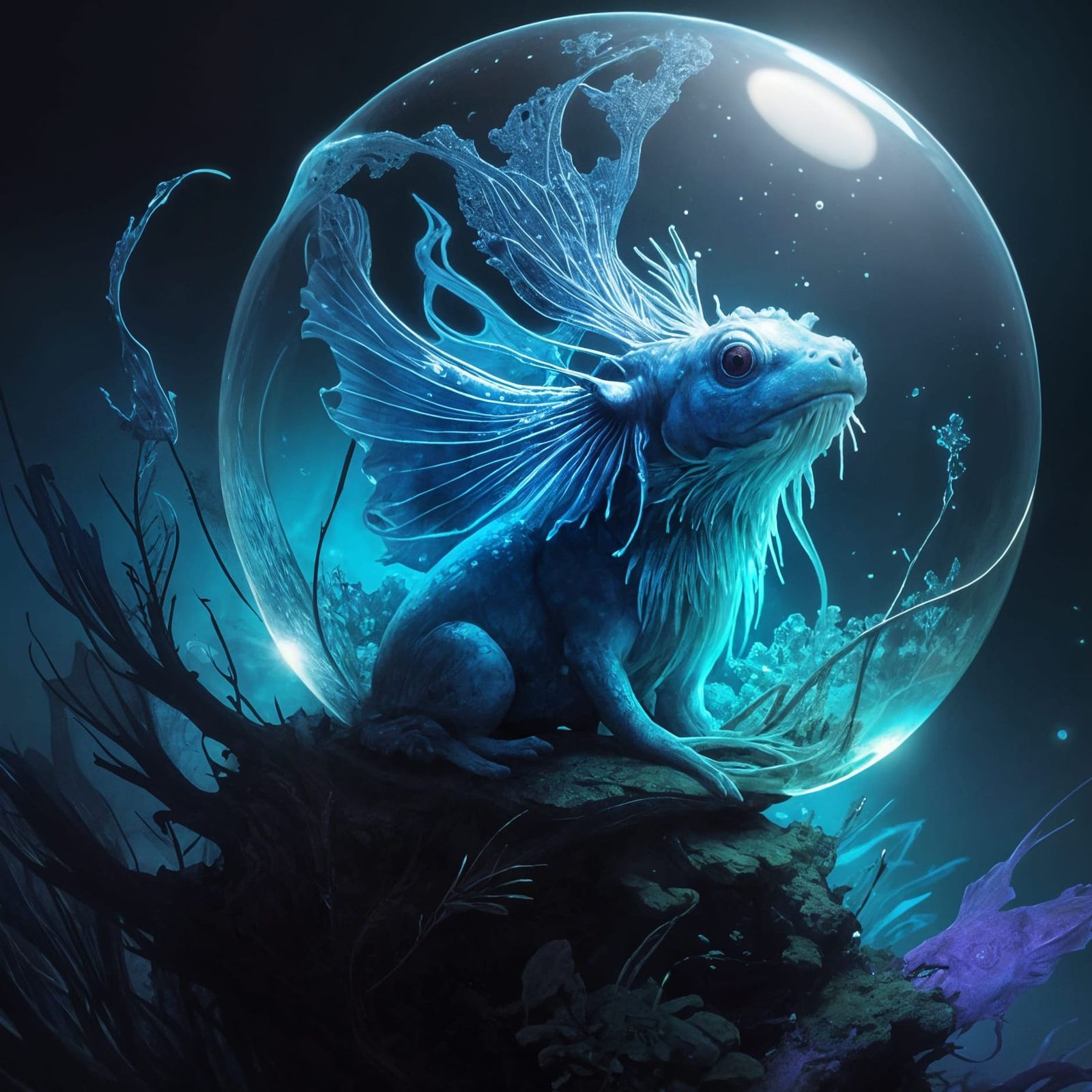 Fantasy Axolotl in Bubble: Detailed Digital Art