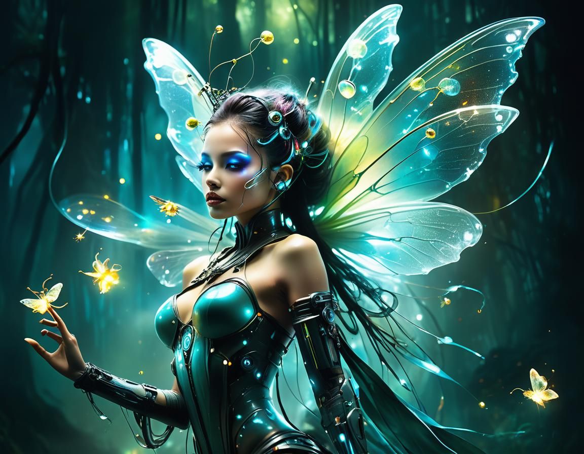 Cyberpunk Air Fairy in Bioluminescent Forest