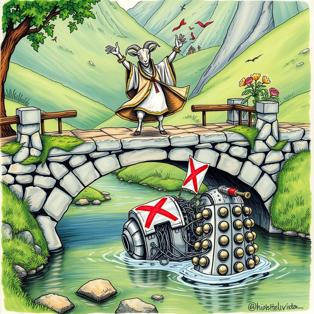 Victorious Goat Triumphs Over Defeated Dalek in Whimsical Fa...
