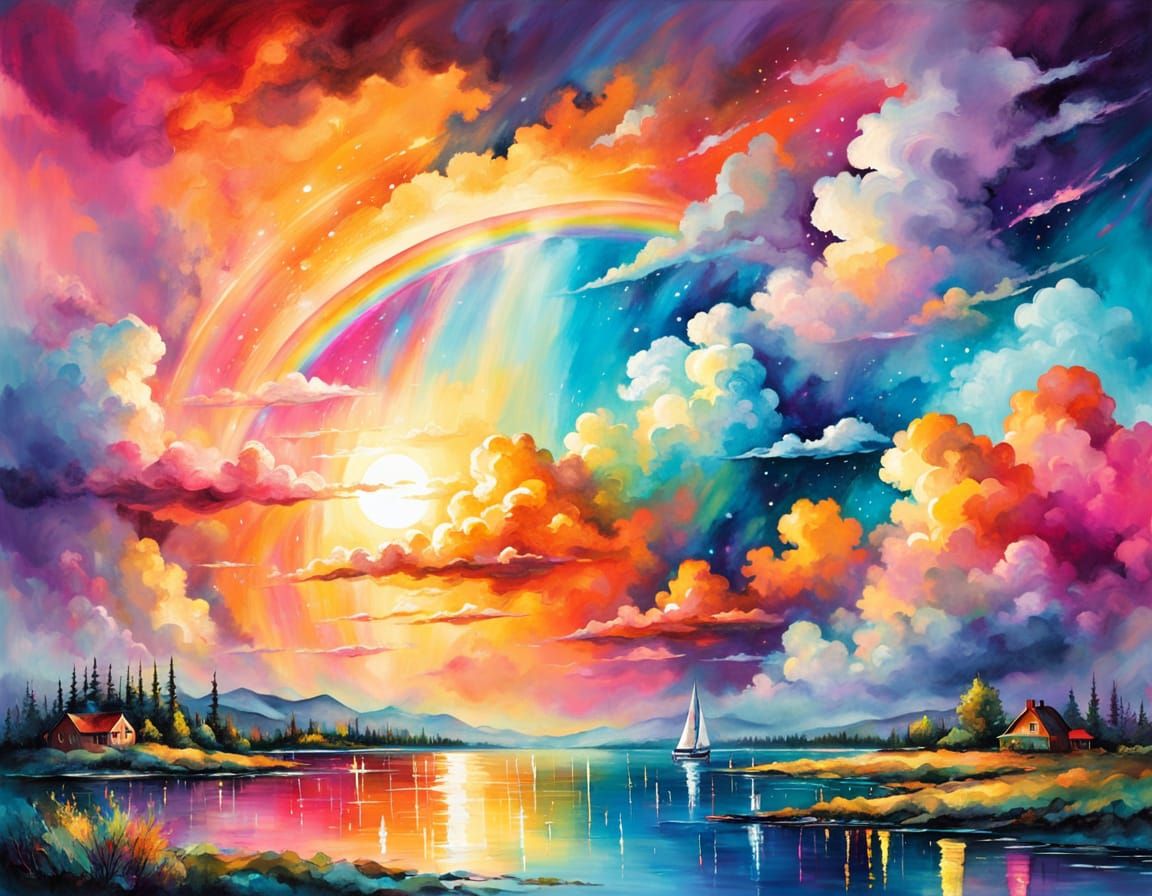 Sunset Sailboat Under Exploding Stars: Hyperrealism