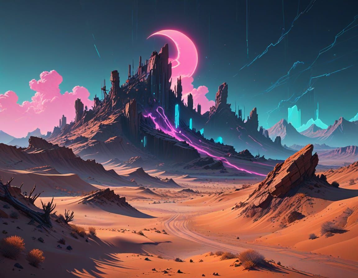 Dreamlike Desert Landscape in Glitchcore Pixel Art Style