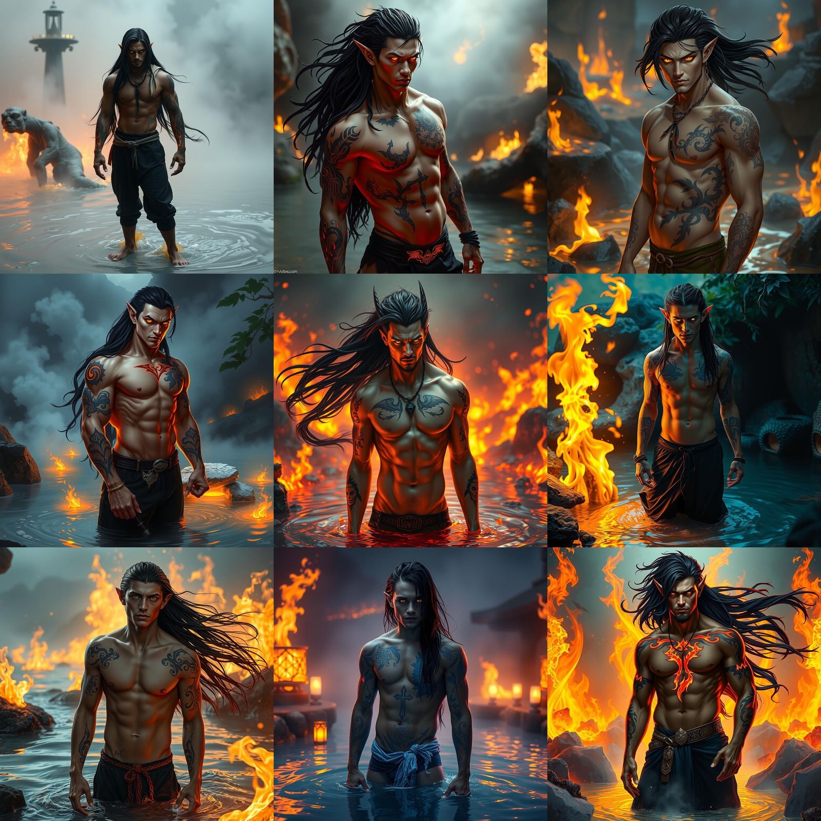 Shirtless Tiefling in Hot Spring with Glowing Tattoos