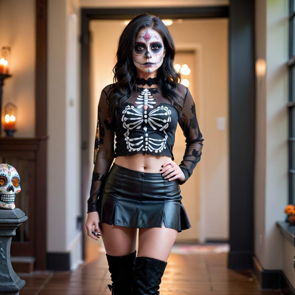 Pretty brunette day of the dead makeup. Full body view facing 1/4 turn away from the viewer. Wearing a black mini skirt ...