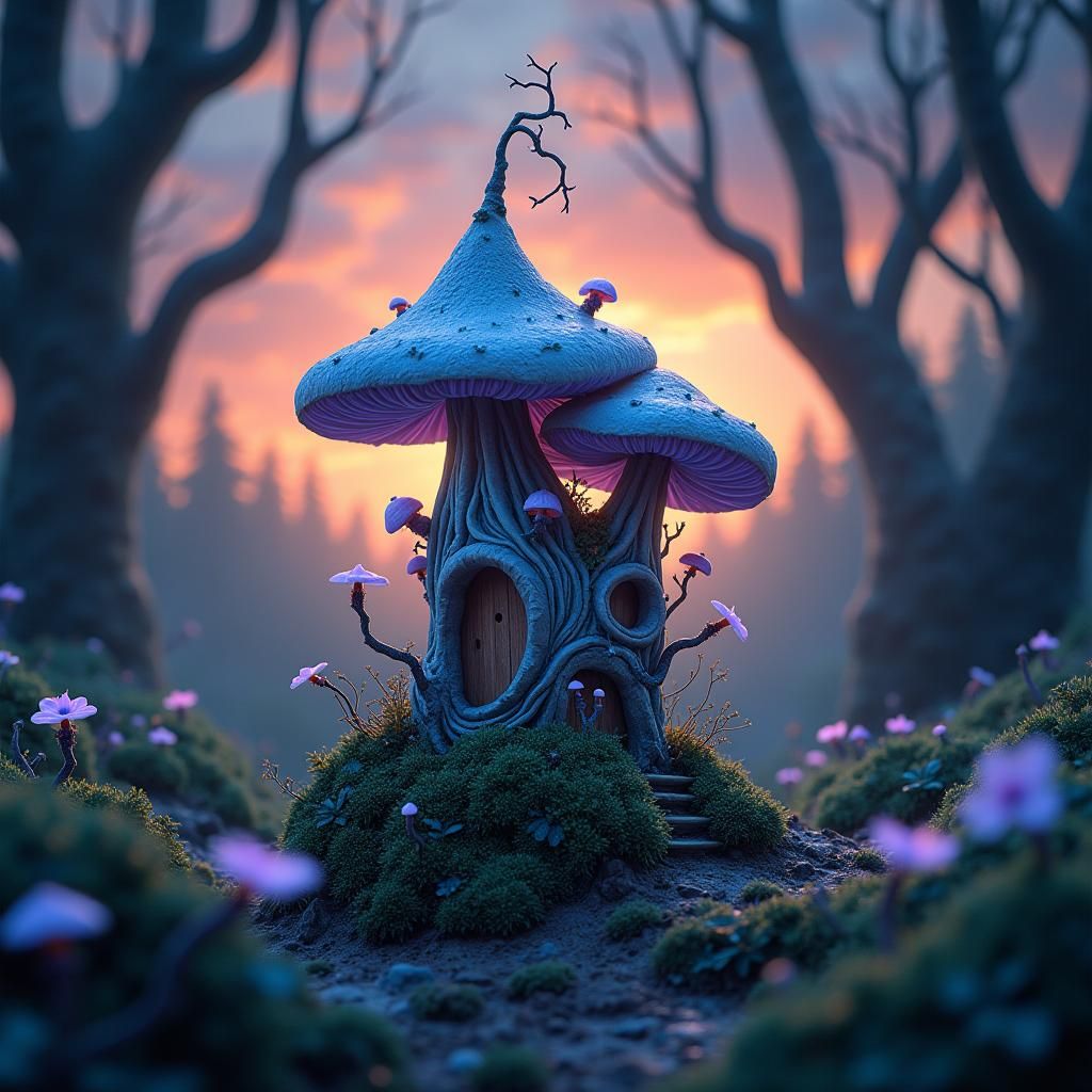 Enchanted Fairy Mushroom House in Bioluminescent Forest