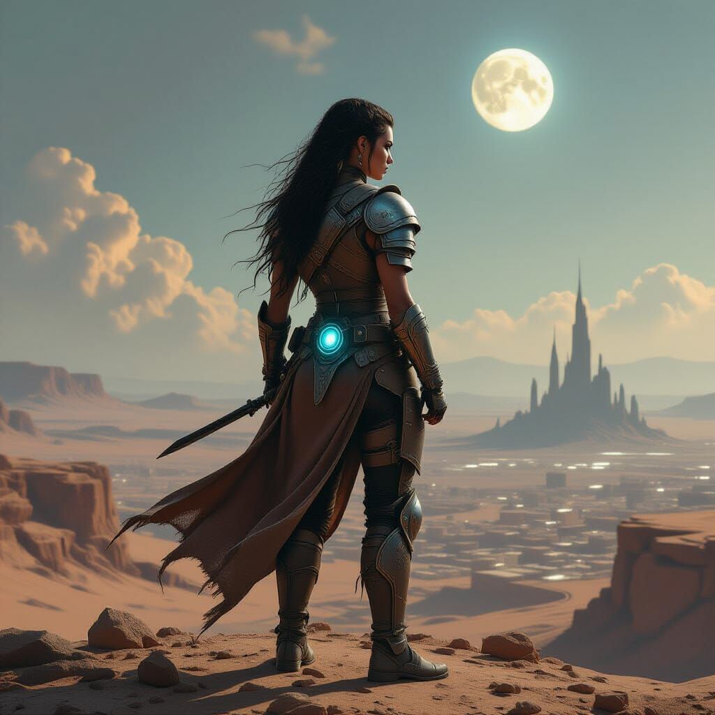 Cybernetic Warrior Overlooking Post-Apocalyptic Cityscape