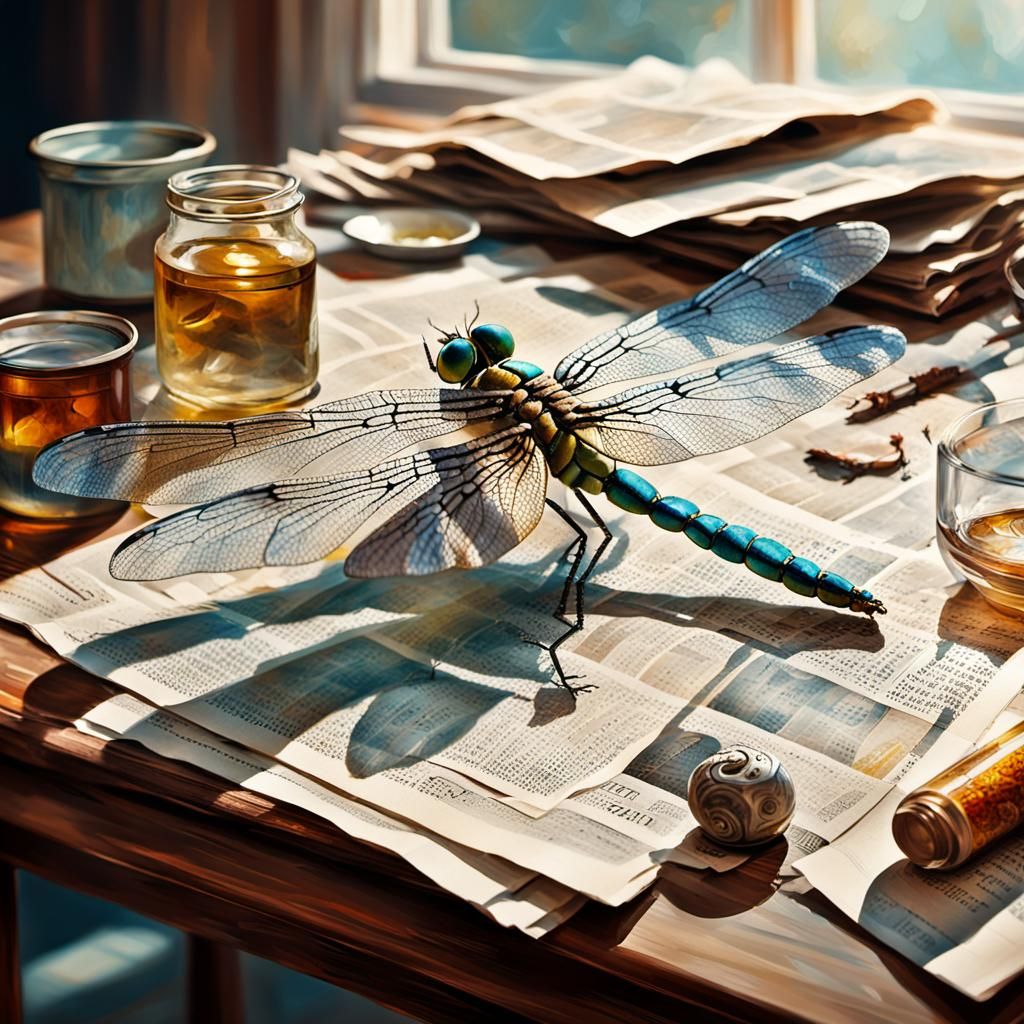 Dragonfly Paperweight Still Life, Oil Painting on Canvas