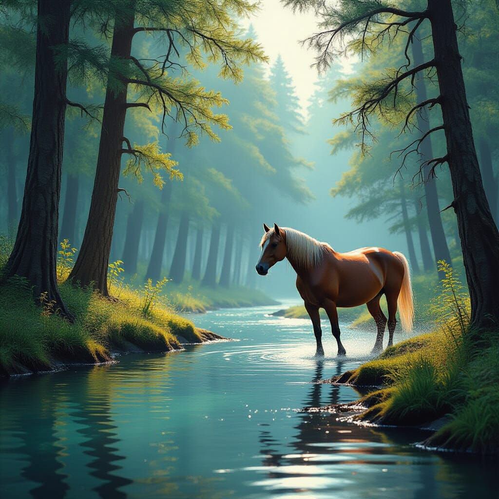 Majestic Horse Beside River in Forest Fine Art
