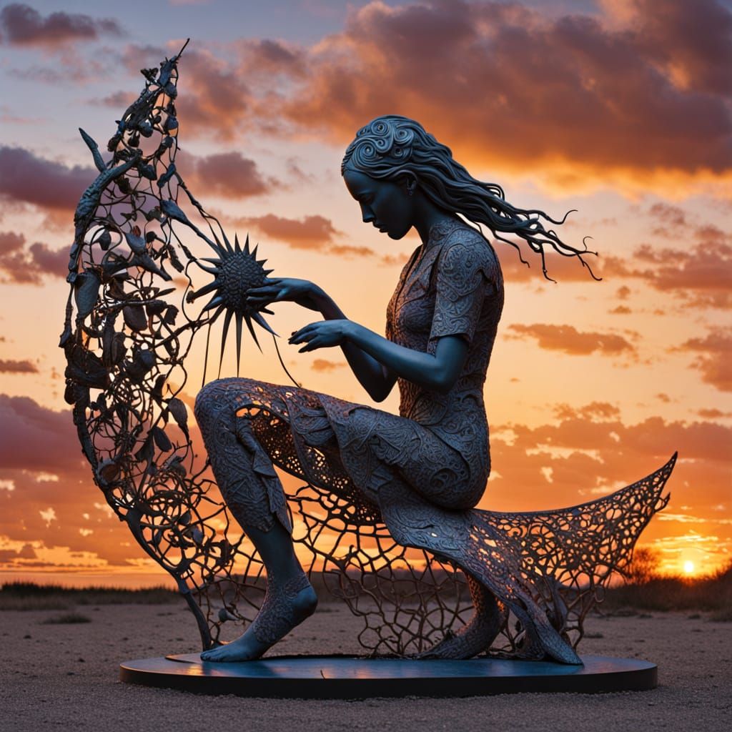 A mesmerizing and surreal fragmented sculpture titled "Цеца's MUSIC" by Jerzy Kedziora. It features a central figure, a ...