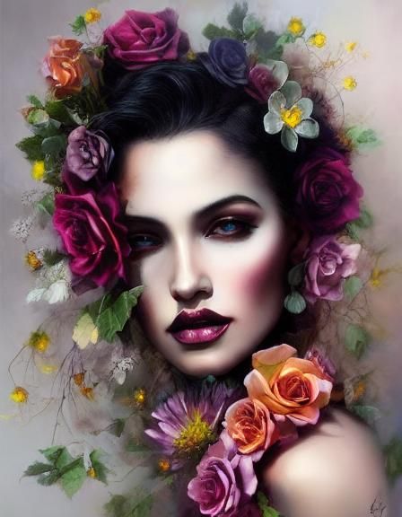 Dark Goth Flower Woman Portrait in 8K