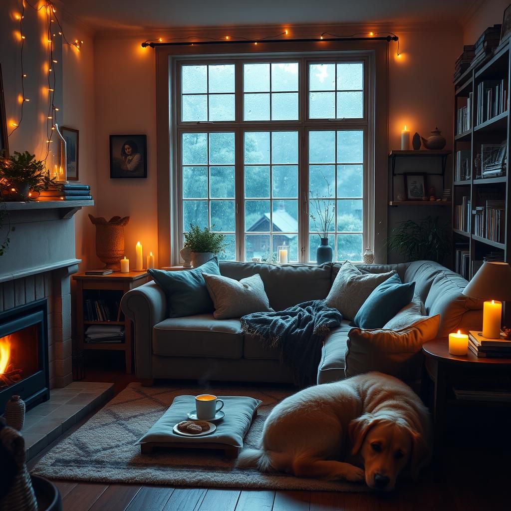 Cozy Living Room with Fireplace and Fairy Lights