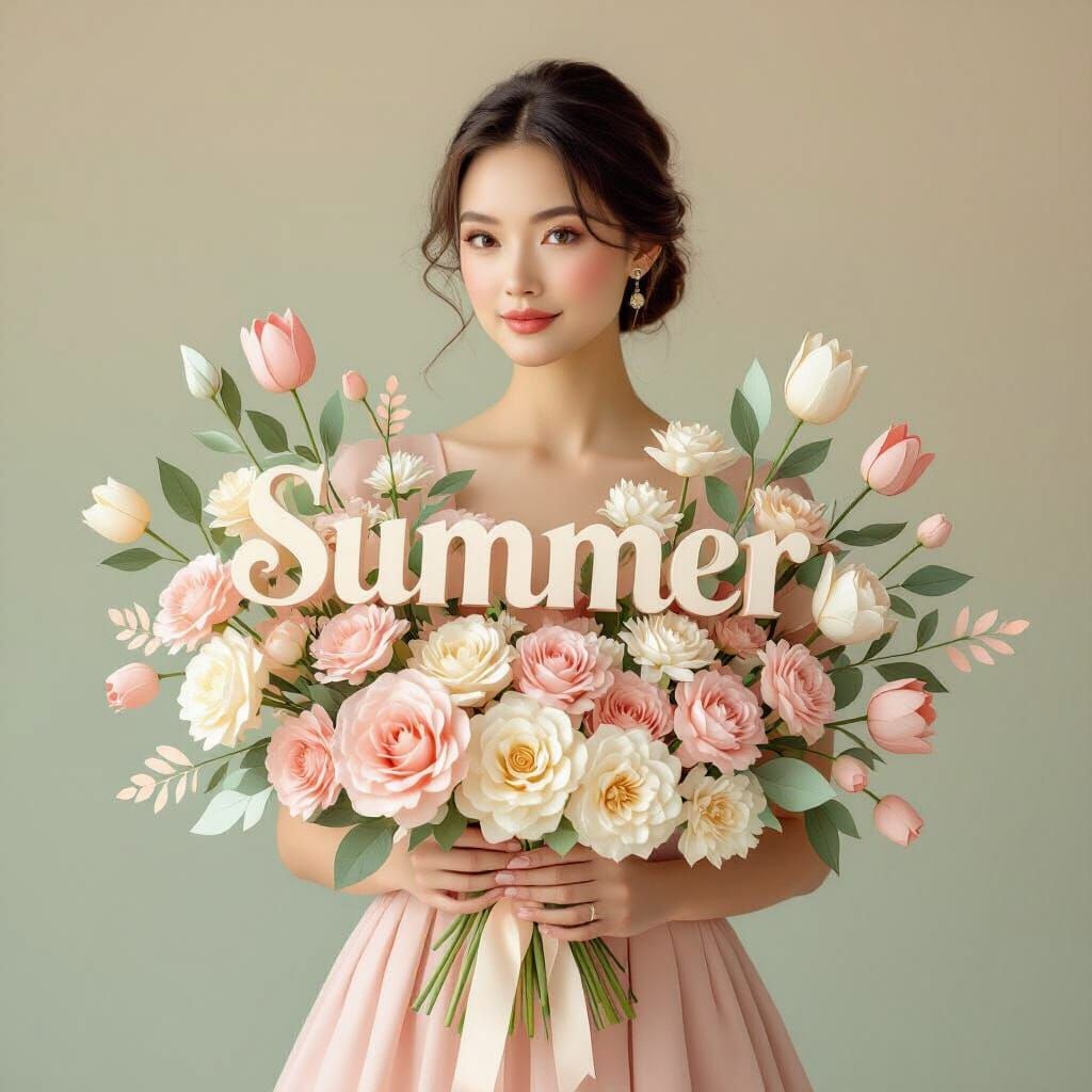 Pastel Floral Arrangement with 3D Text in Pop-Surrealist Sty...