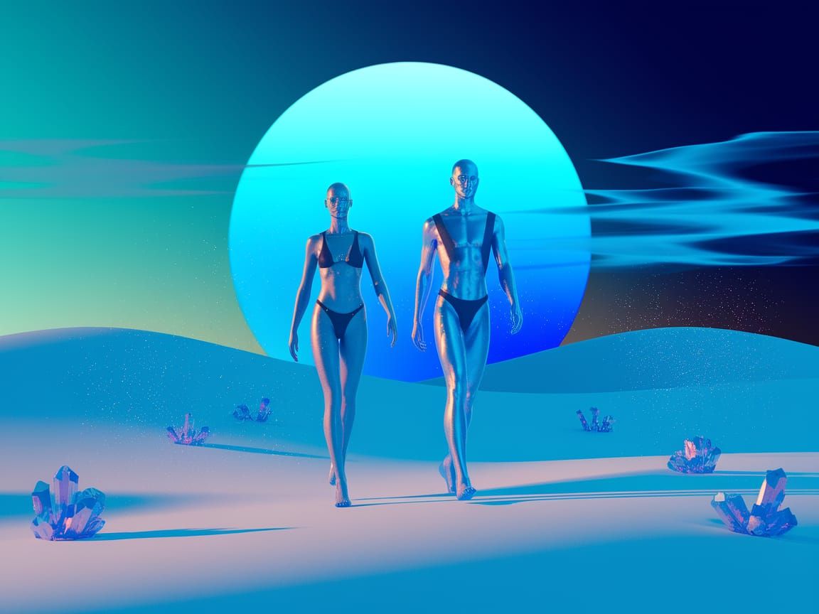 Blue Humanoids in a Glowing Desert: 3D Concept Art